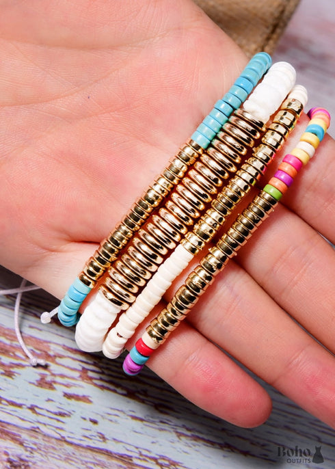Boho Bracelet, White Blue Colorful Shell Gold